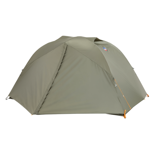 The Big Agnes Returns Blacktail 2 - Vetiver is a durable, green dome camping tent with a fabric fly cover and orange zipper pulls—a lightweight, sleek option for backpacking—shown on a plain white background.