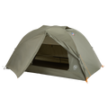 A green, dome-shaped Big Agnes Returns Blacktail 2 - Vetiver tent is pitched with its front entrance open to reveal the interior. This lightweight backpacking tent stands on a plain white background.