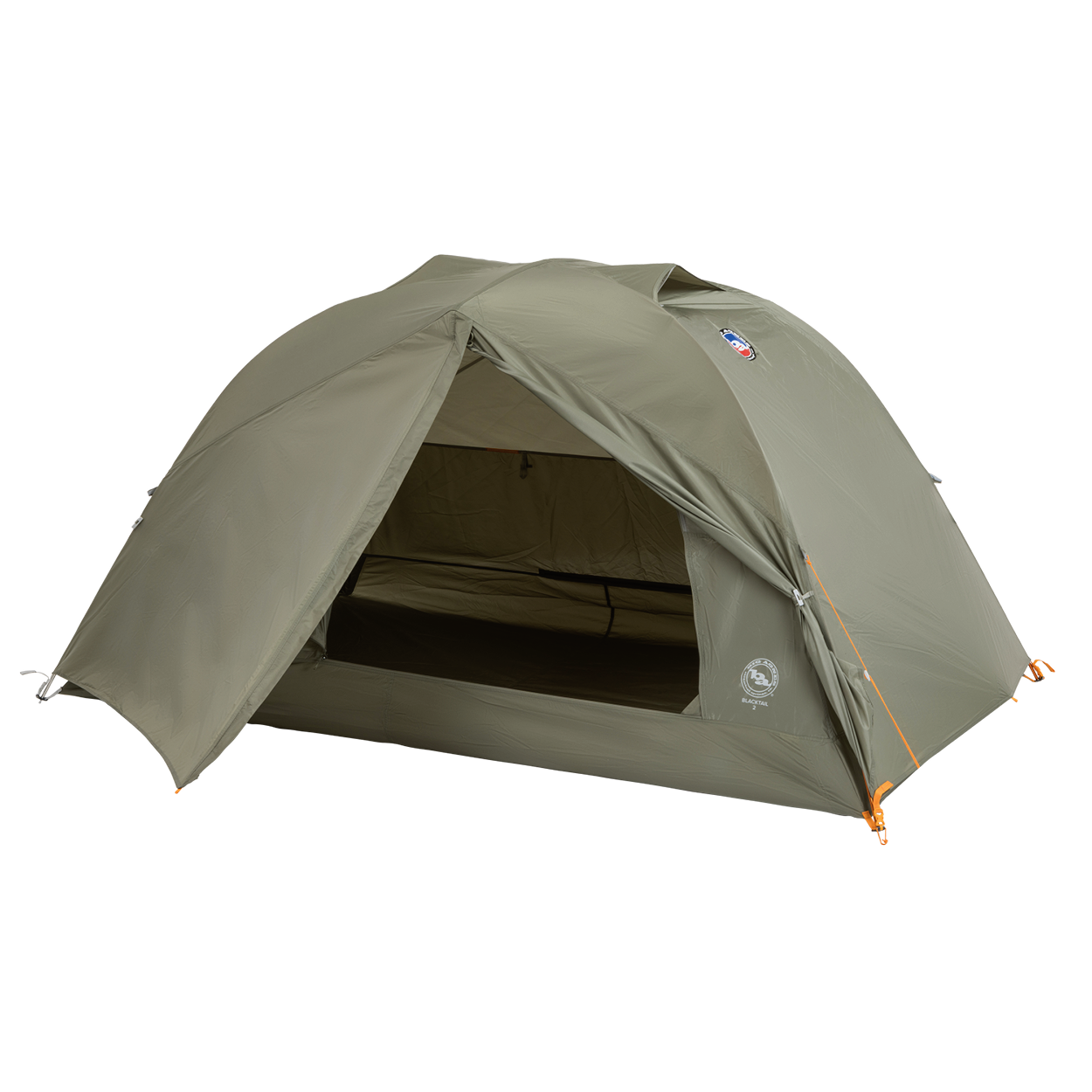 A green, dome-shaped Big Agnes Returns Blacktail 2 - Vetiver tent is pitched with its front entrance open to reveal the interior. This lightweight backpacking tent stands on a plain white background.