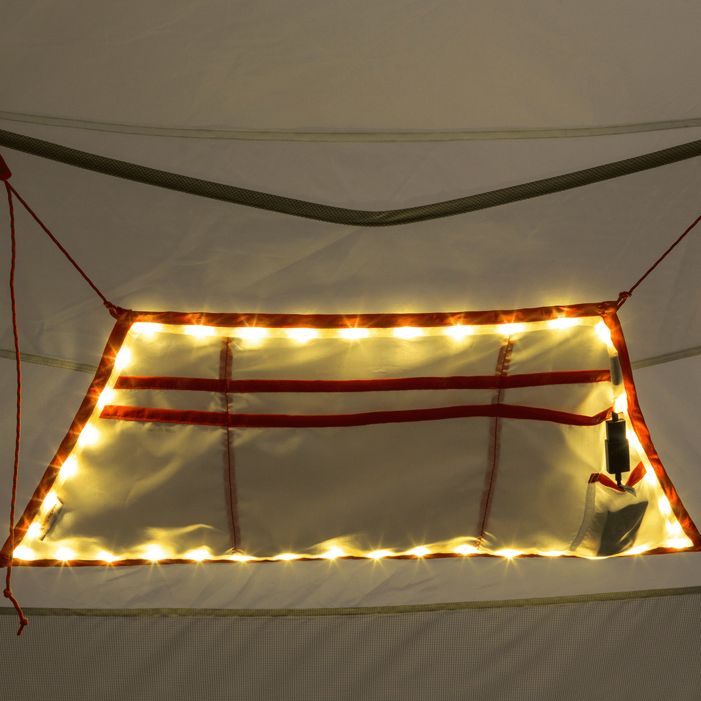 mtnGLO Tent Gear Loft Fastened To Tent Wall With Lights Lit Up