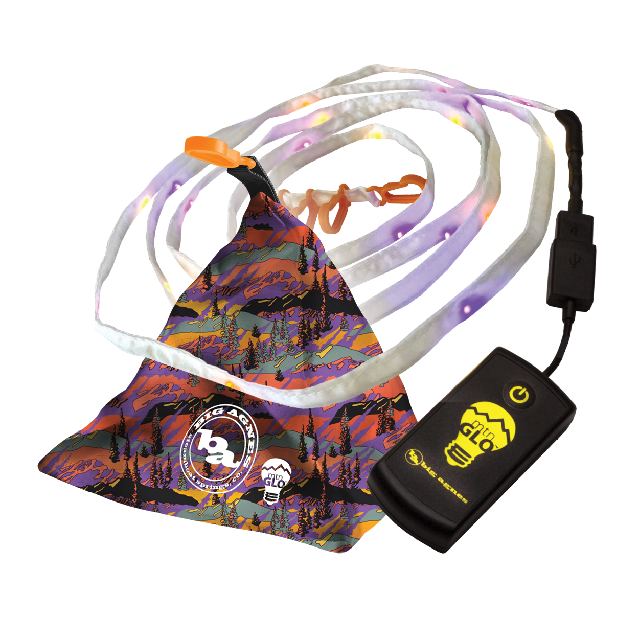 Colorful LED lanyard with a charging cable on a white background